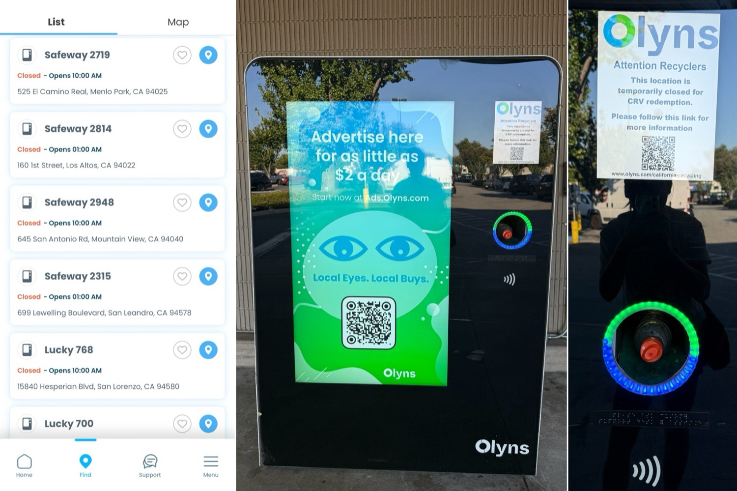 The shutdown in one frame: the Olyns app showing every nearby Cube closed, and the machines themselves taped with temporarily-closed notices for CRV redemption.