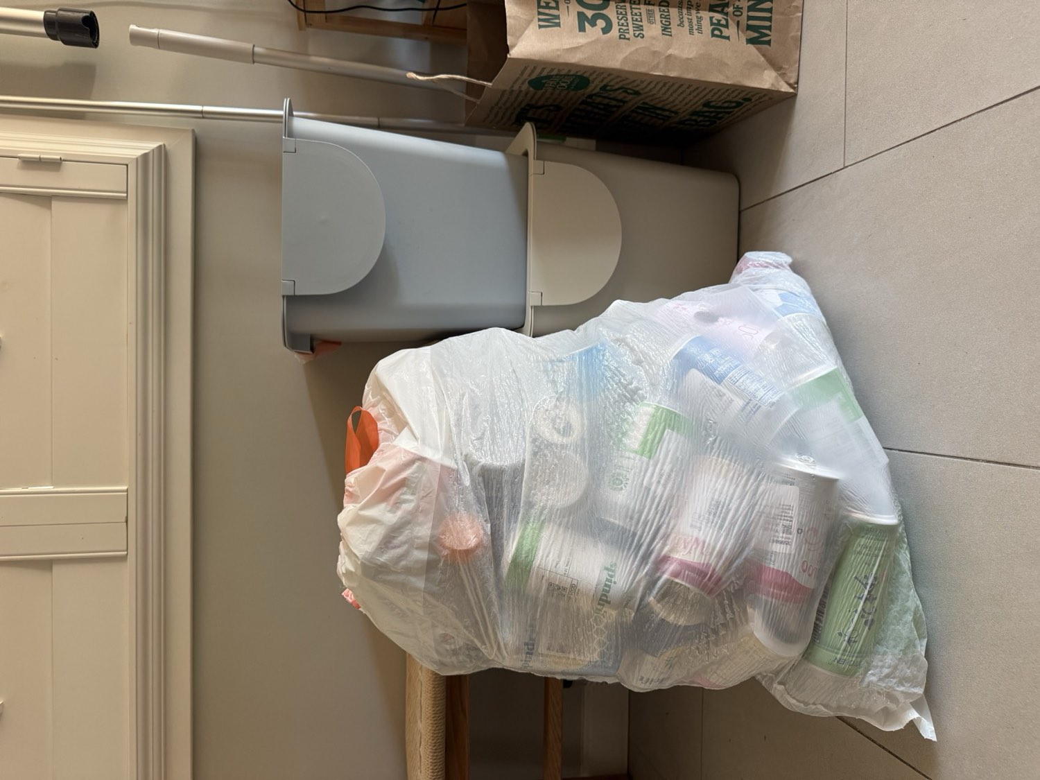 My kitchen recycling corner: rinsed containers waiting for the next Cube run, refilled every two to three weeks. Olyns turned recycling into a standing household habit, not a one-off.